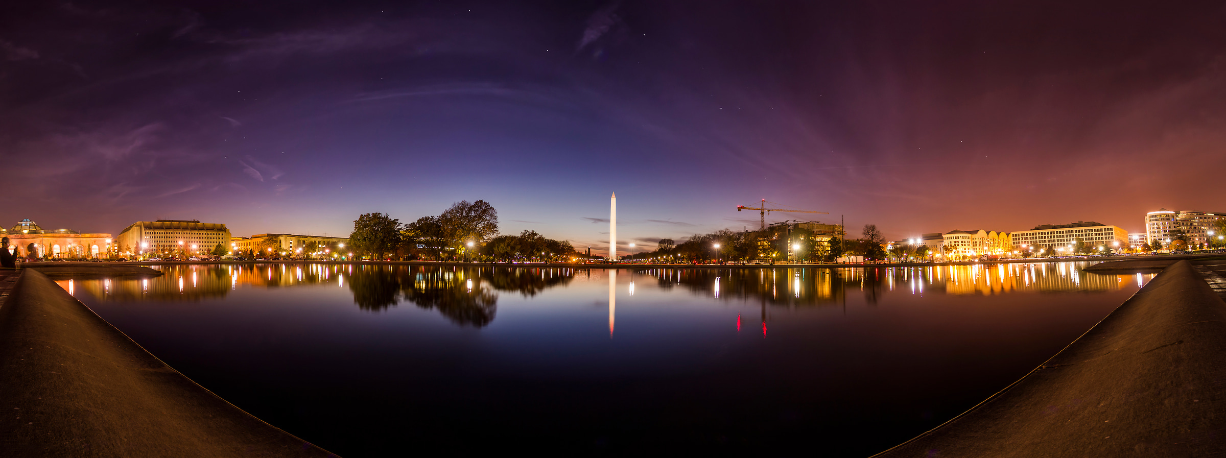 73 megapixels! A very high resolution VAST photo of the National Mall and the Washington Monument reflected in the Reflecting Pools at dusk; created by Dan Piech.