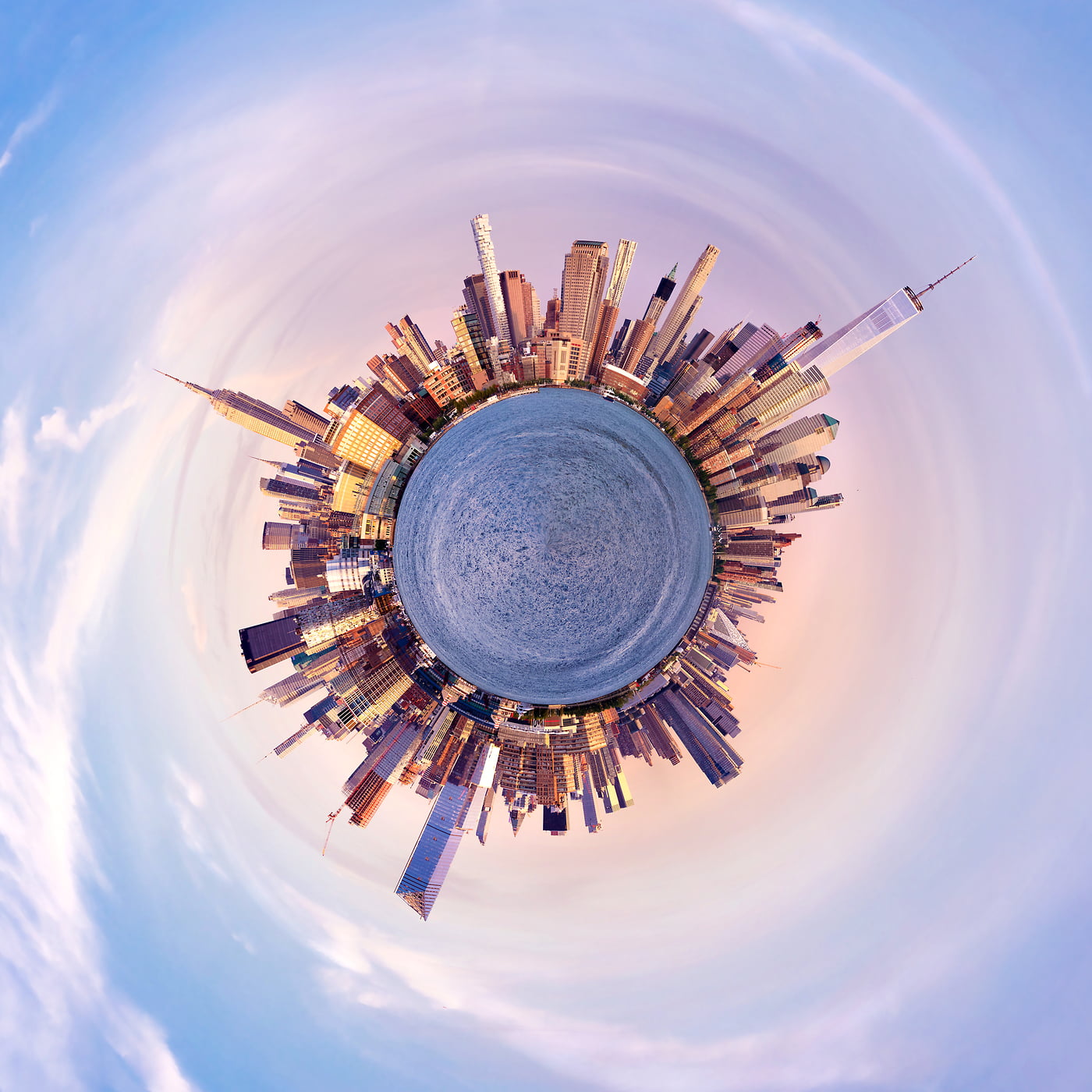 304 megapixels! A very high definition abstract spherical planet VAST photo of the Manhattan skyline skyscrapers in New York City; cityscape artwork created by Dan Piech.