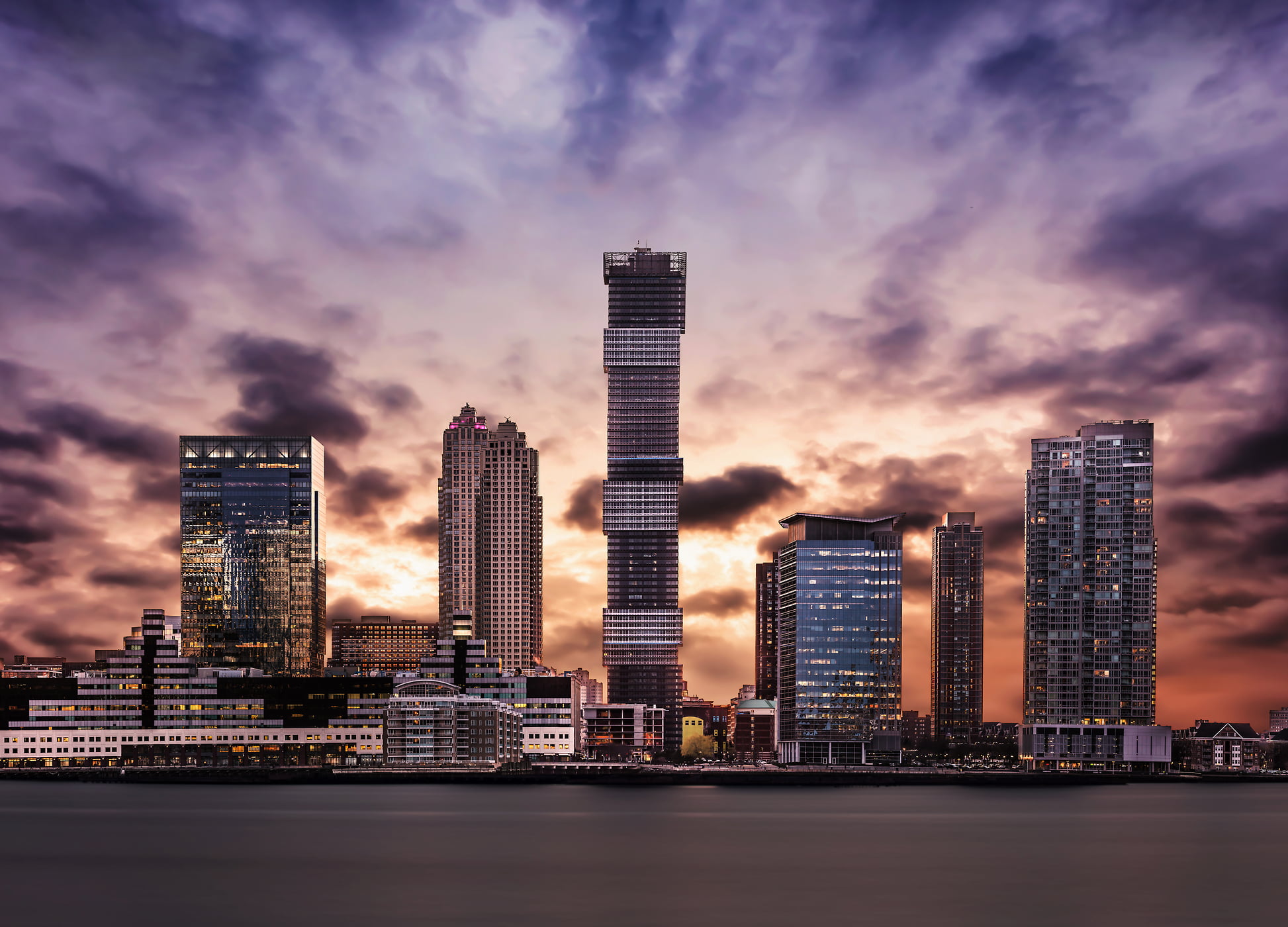 383 megapixels! A very high definition cityscape VAST photo of the Jersey City skyscrapers including URL Harborside 1 at sunset in New Jersey ; created by Dan Piech.