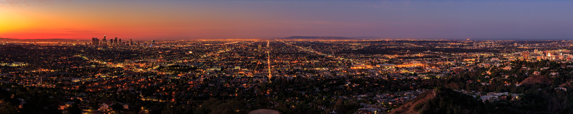 172 megapixels! A very high resolution, large-format VAST photo print of the Los Angeles and Hollywood skyline in California at sunrise and sunset; landscape photo created by cityscape photographer Guido Brandt.