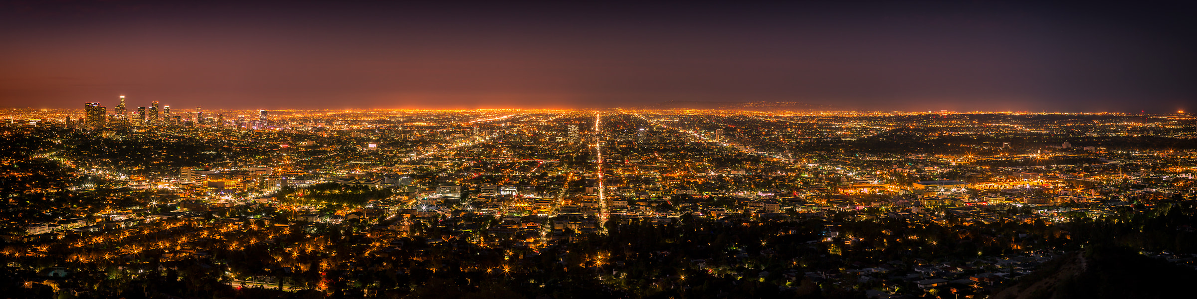 114 megapixels! A very high resolution, large-format VAST photo print of the Los Angeles and Hollywood skyline in California at sunrise and sunset; landscape photo created by cityscape photographer Guido Brandt.