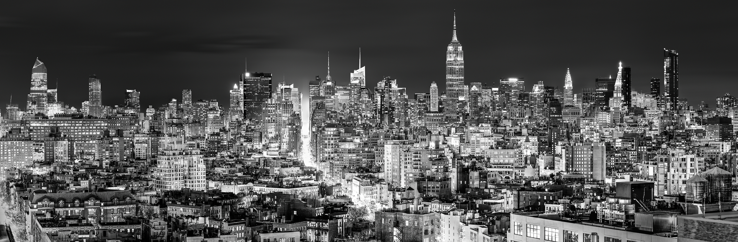 2,392 megapixels! A very high resolution, large-format VAST photo print of the Manhattan, New York City skyline at night; cityscape photo created by Dan Piech.