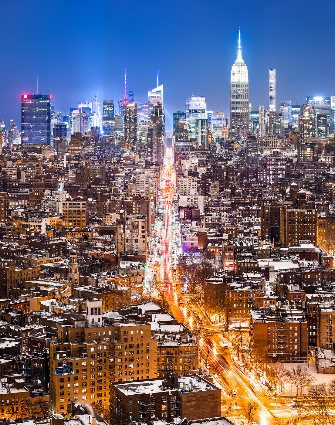 1,571 megapixels! A very high definition, large-format VAST photo print of the NYC skyline in winter snow at night; cityscape fine art photo created by Dan Piech in New York City.