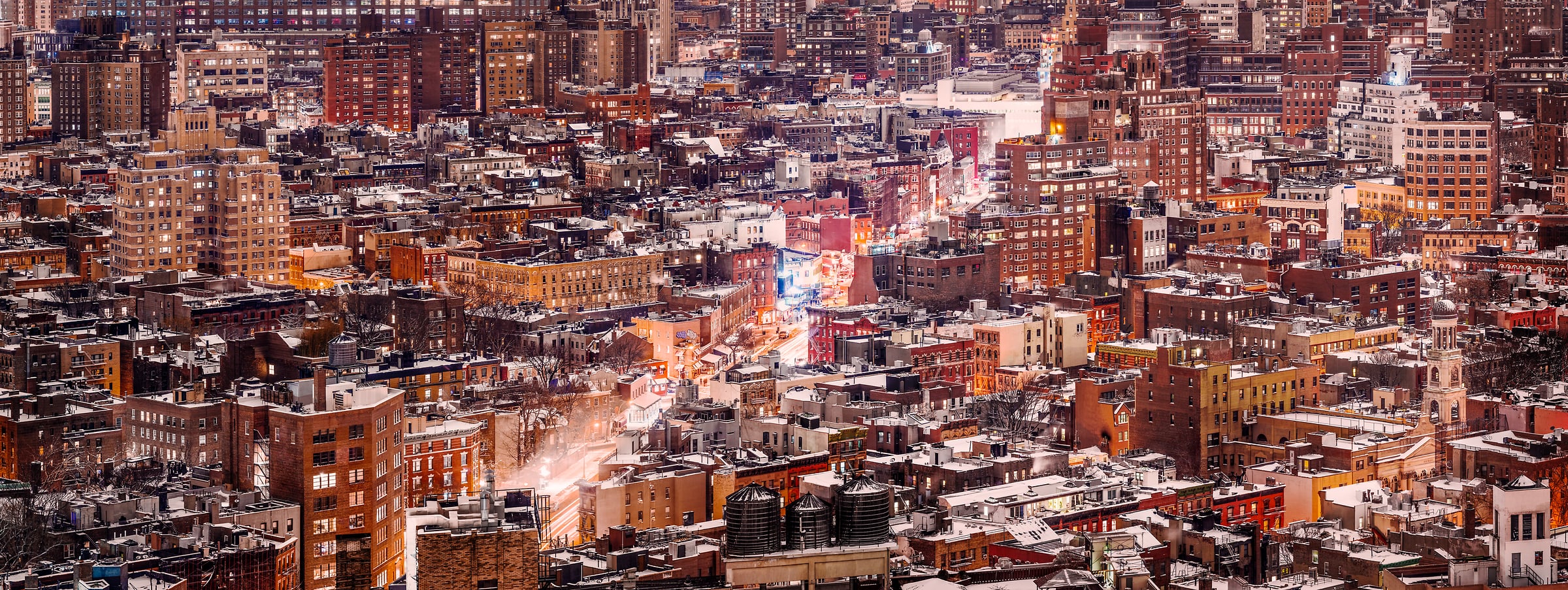 756 megapixels! A very high resolution, large-format VAST photo print of the West Village in NYC at night in winter snow; cityscape fine art photo created by Dan Piech in New York City.