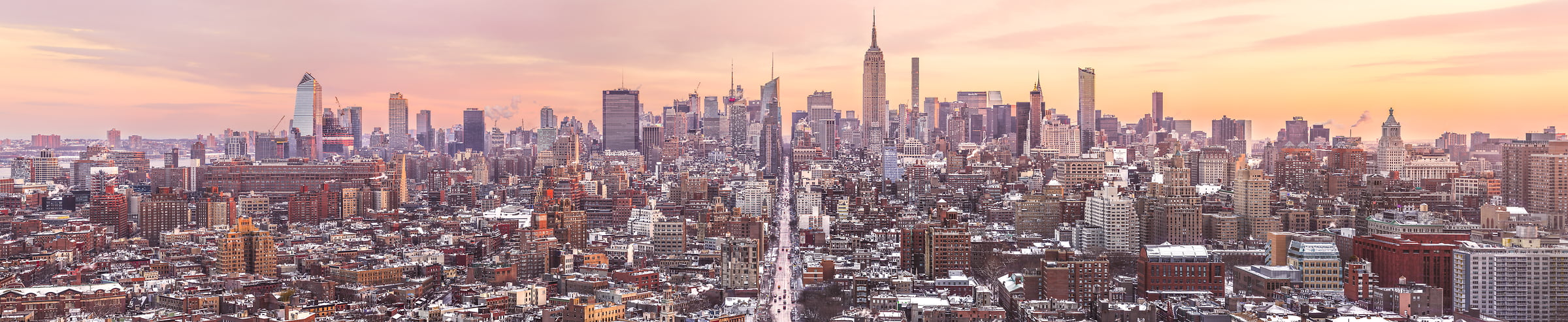 1,150 megapixels! A very high resolution, large-format VAST photo print of the NYC skyline in winter snow; cityscape sunrise fine art photo created by Dan Piech in New York City.