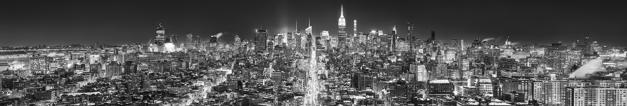 4,636 megapixels! A very high resolution, large-format VAST photo print of the Manhattan NYC skyline in winter snow at night; black and white cityscape fine art photo created by Dan Piech in New York City.