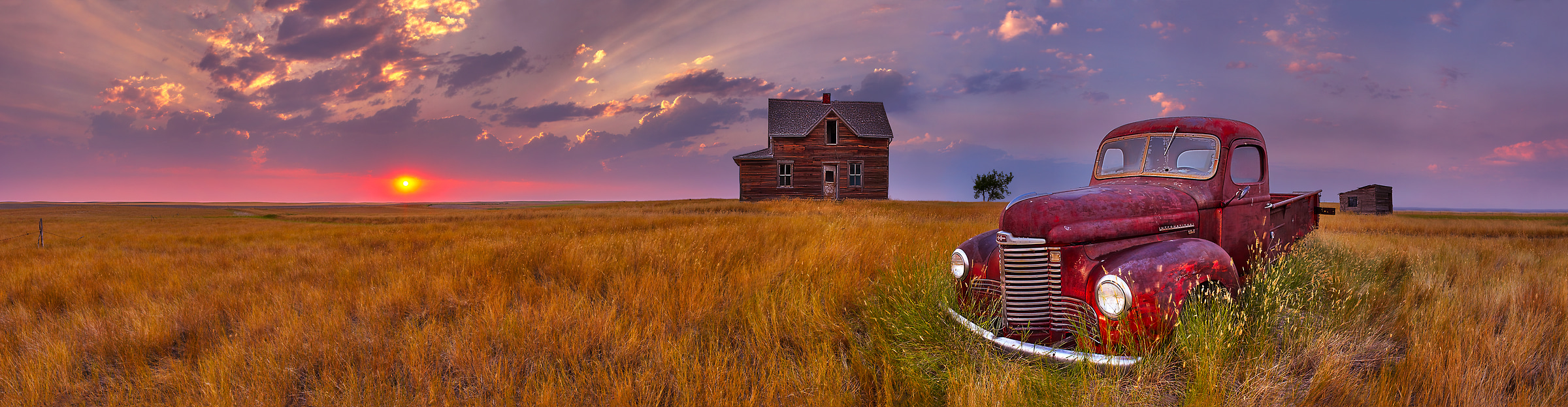 105 megapixels! A very high resolution, large-format VAST photo of farmland, the prairie, an old truck, and an abandoned house; fine art landscape photo created at sunset by Scott Dimond on the Great Plains in Saskatchewan, Canada.