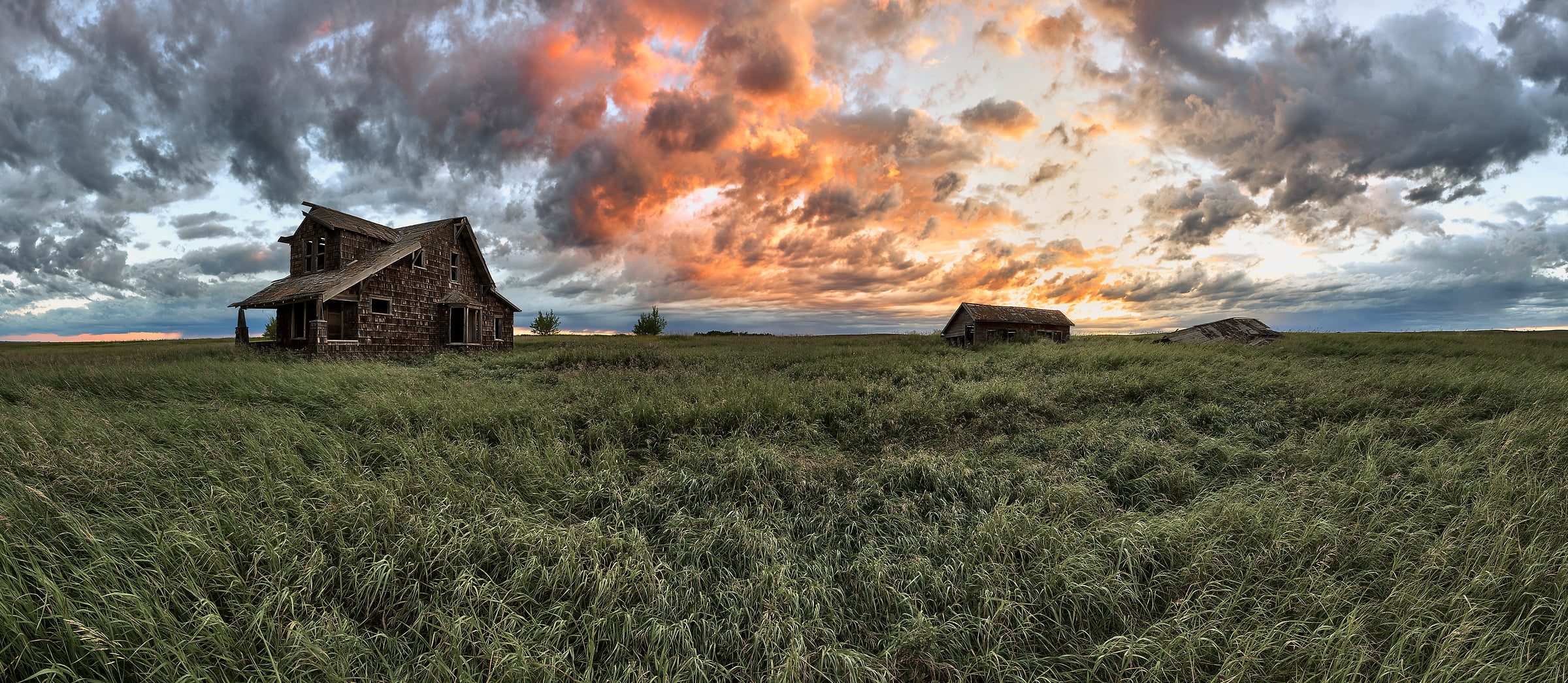 74 megapixels! A very high resolution, large-format VAST photo of farmland, grasslands, the prairie, and an old abandoned house; fine art landscape photo created at sunrise by Scott Dimond on the Great Plains in Alberta, Canada.