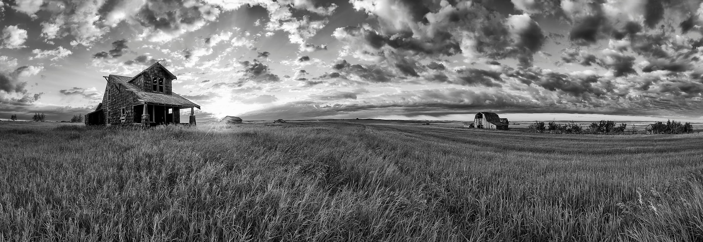 93 megapixels! A very high resolution, large-format VAST photo of farmland, grasslands, the prairie, and an old abandoned house; fine art black and white landscape photo created at sunrise by Scott Dimond on the Great Plains in Alberta, Canada.