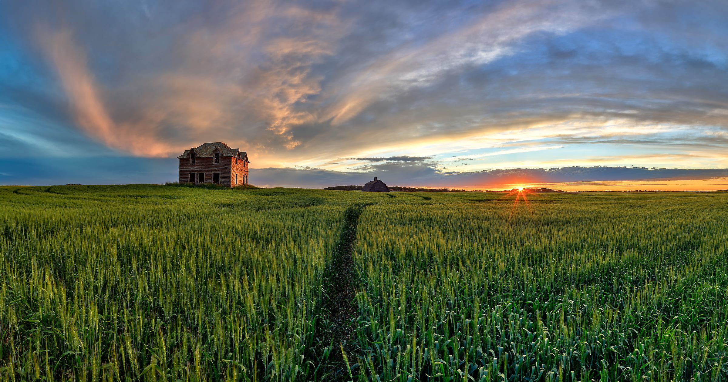 89 megapixels! A very high resolution, large-format VAST photo of farmland, grasslands, the prairie, and an old abandoned house; fine art landscape photo created at sunset by Scott Dimond on the Great Plains in Alberta, Canada.