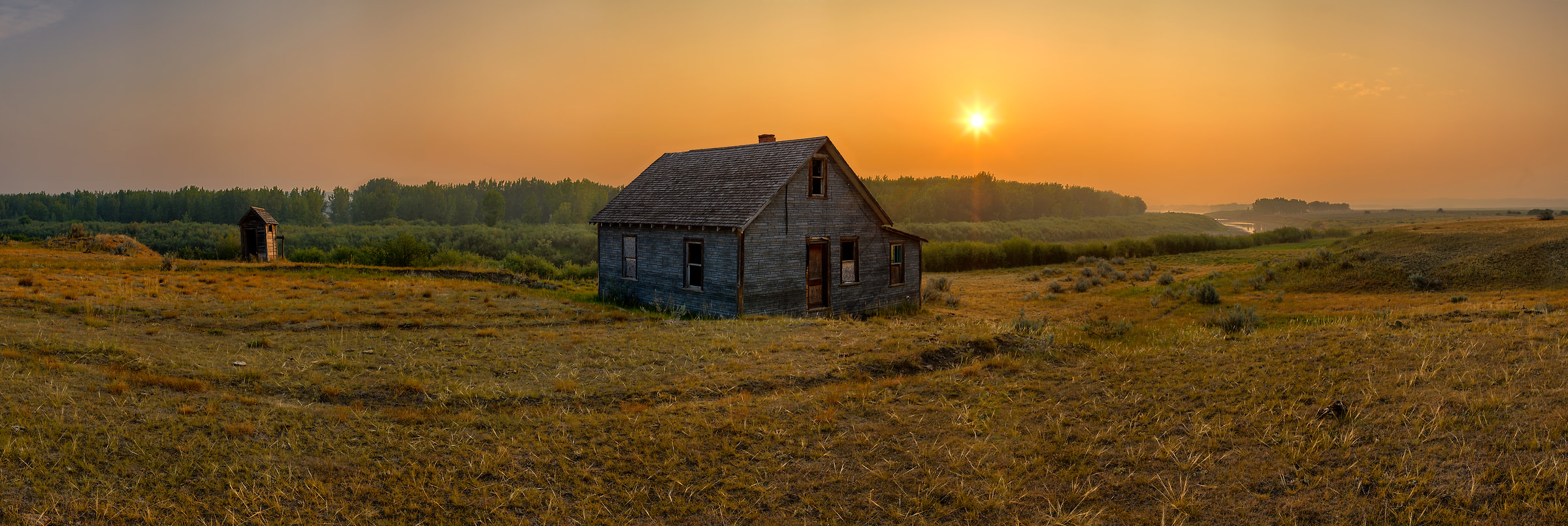 220 megapixels! A very high resolution, large-format VAST photo of farmland, grasslands, the prairie, and an old abandoned house; fine art landscape photo created at sunrise by Scott Dimond on the Great Plains in Saskatchewan, Canada.