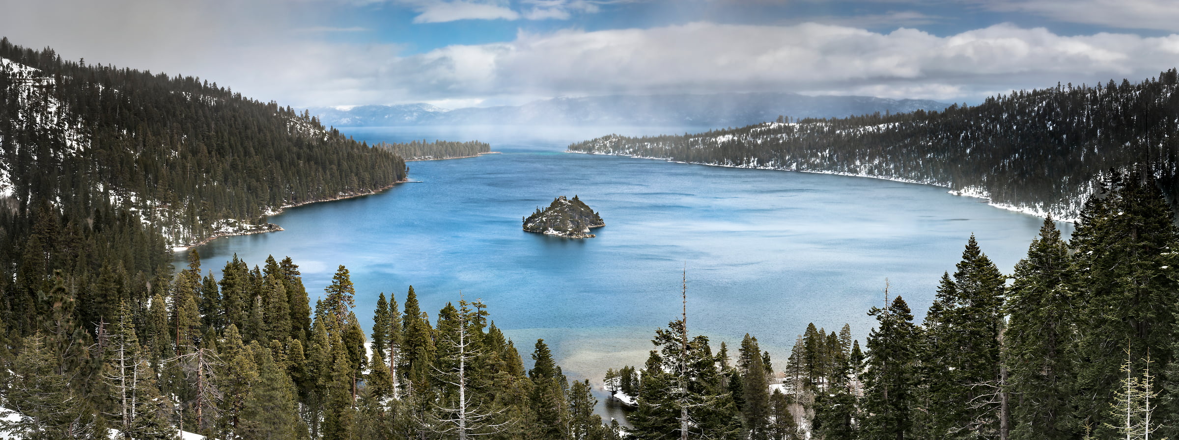 341 megapixels! A very high resolution, large-format VAST photo of Emerald Bay in Lake Tahoe in winter with snow; fine art landscape photograph created by Justin Katz in California.