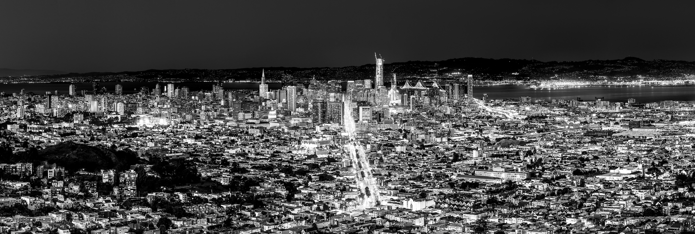 363 megapixels! A very high resolution, large-format VAST photo of the Downtown San Francisco city skyline at sunset dusk; fine art black and white cityscape photograph created by Justin Katz in California.