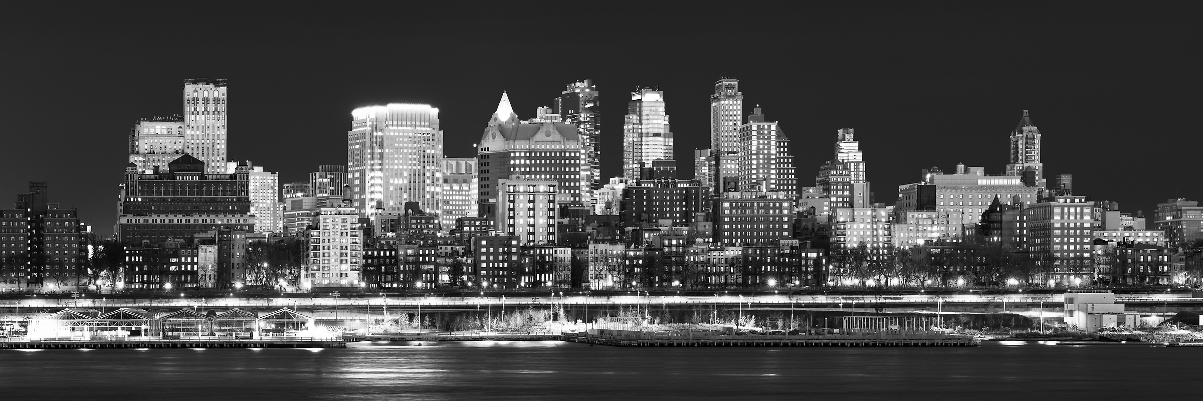225 megapixels! A very high resolution, large-format VAST photo of the Downtown Brooklyn and Brooklyn Heights skyline at sunset dusk; fine art black and white cityscape photograph created by Dan Piech in New York City.