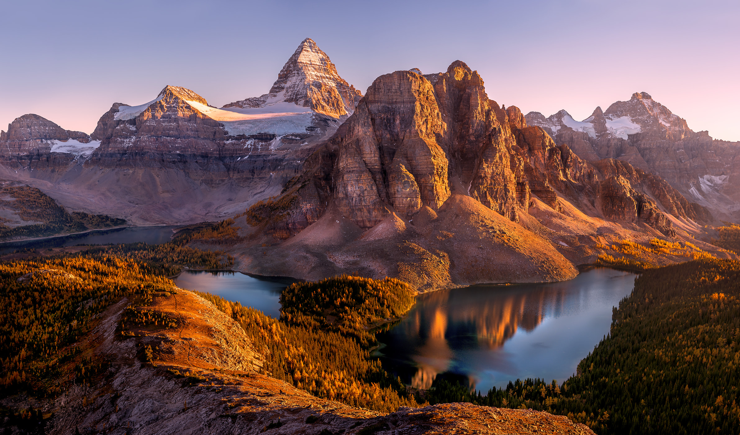 255 megapixels! A very high resolution, large-format VAST photo of Mt. Assiniboine and the Canadian Rockies in Autumn at sunset with lakes and trees; fine art mountain landscape photograph created by Tim Shields in Mt. Assiniboine Provincial Park, British Columbia, Canada.