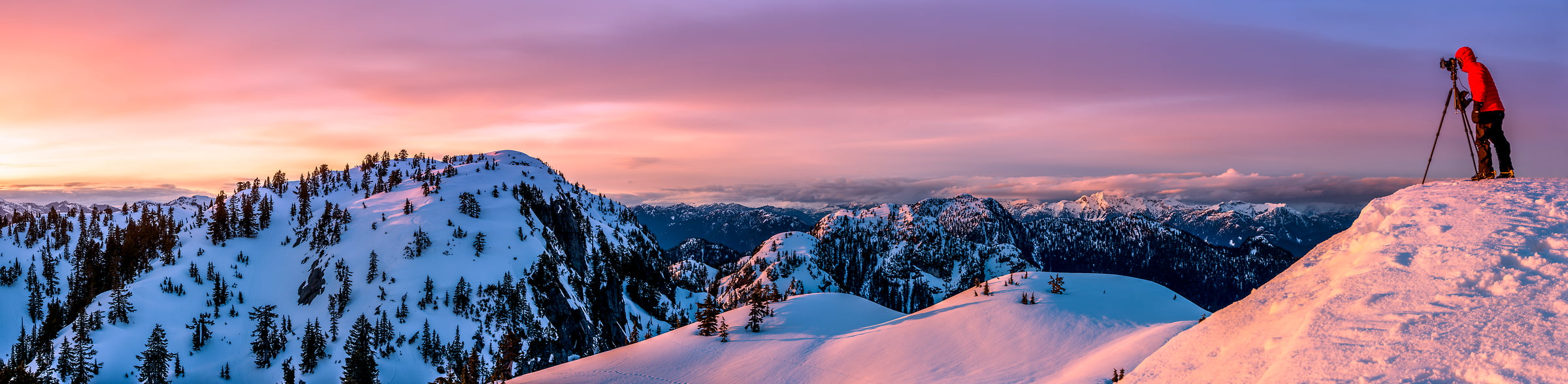 193 megapixels! A very high resolution, large-format VAST photo of a photographer photographing sunset from the summit of Mount Seymour in the North Shore Mountains; fine art landscape photograph created by Tim Shields in the District of North Vancouver, British Columbia, Canada.