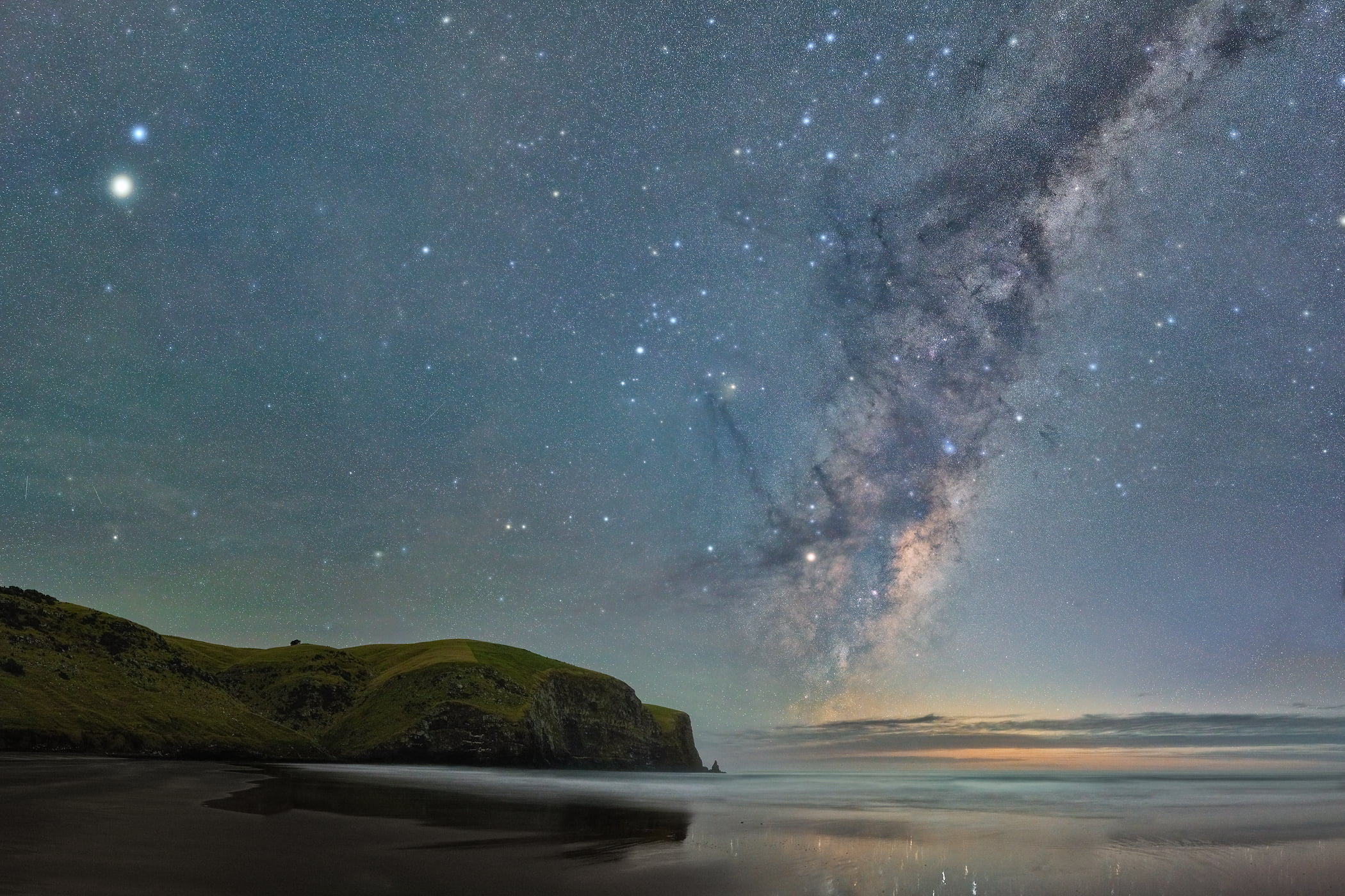 357 megapixels! A very high resolution, large-format VAST photo of the Milky Way, stars, and night sky over a beach; fine art landscape astrophotograph created by astrophotographer Paul Wilson in Eastern Bays, Banks Peninsula, New Zealand.