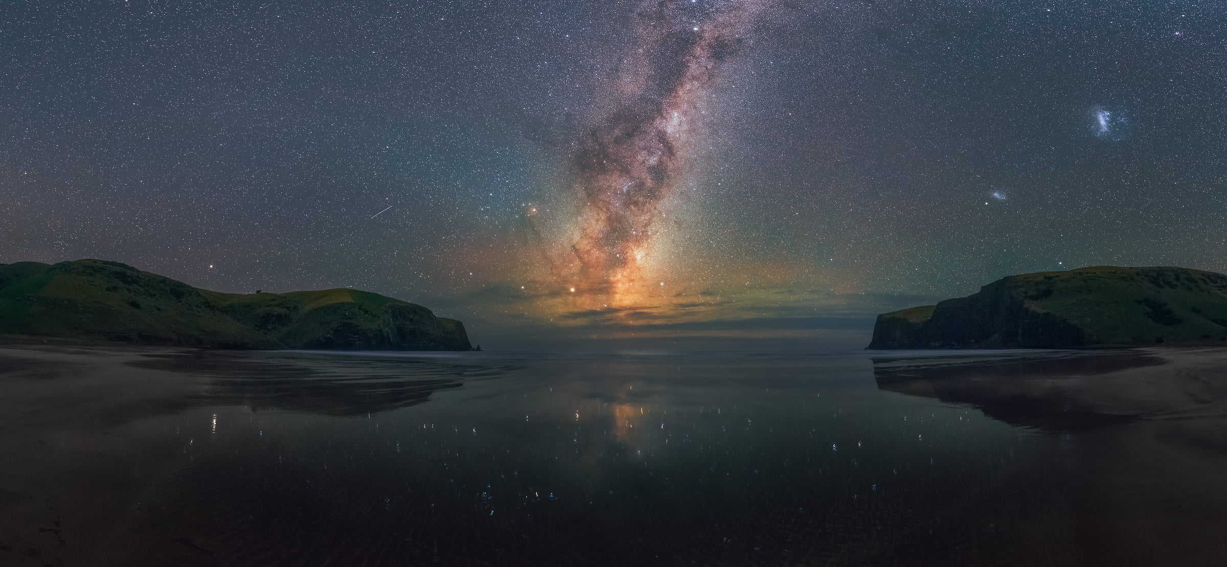 113 megapixels! A very high resolution, large-format VAST photo of the Milky Way, stars, and night sky over a beach; fine art landscape astrophotograph created by astrophotographer Paul Wilson in Eastern Bays, Banks Peninsula, New Zealand.