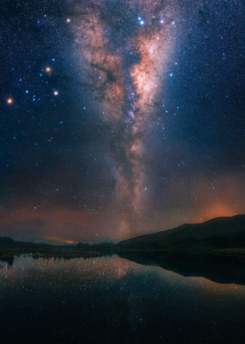 391 megapixels! A very high resolution, large-format VAST photo of the Milky Way, stars, and night sky over a lake, mountains, and grass; fine art landscape astrophotograph created by astrophotographer Paul Wilson in Maori Lakes, Canterbury, New Zealand.