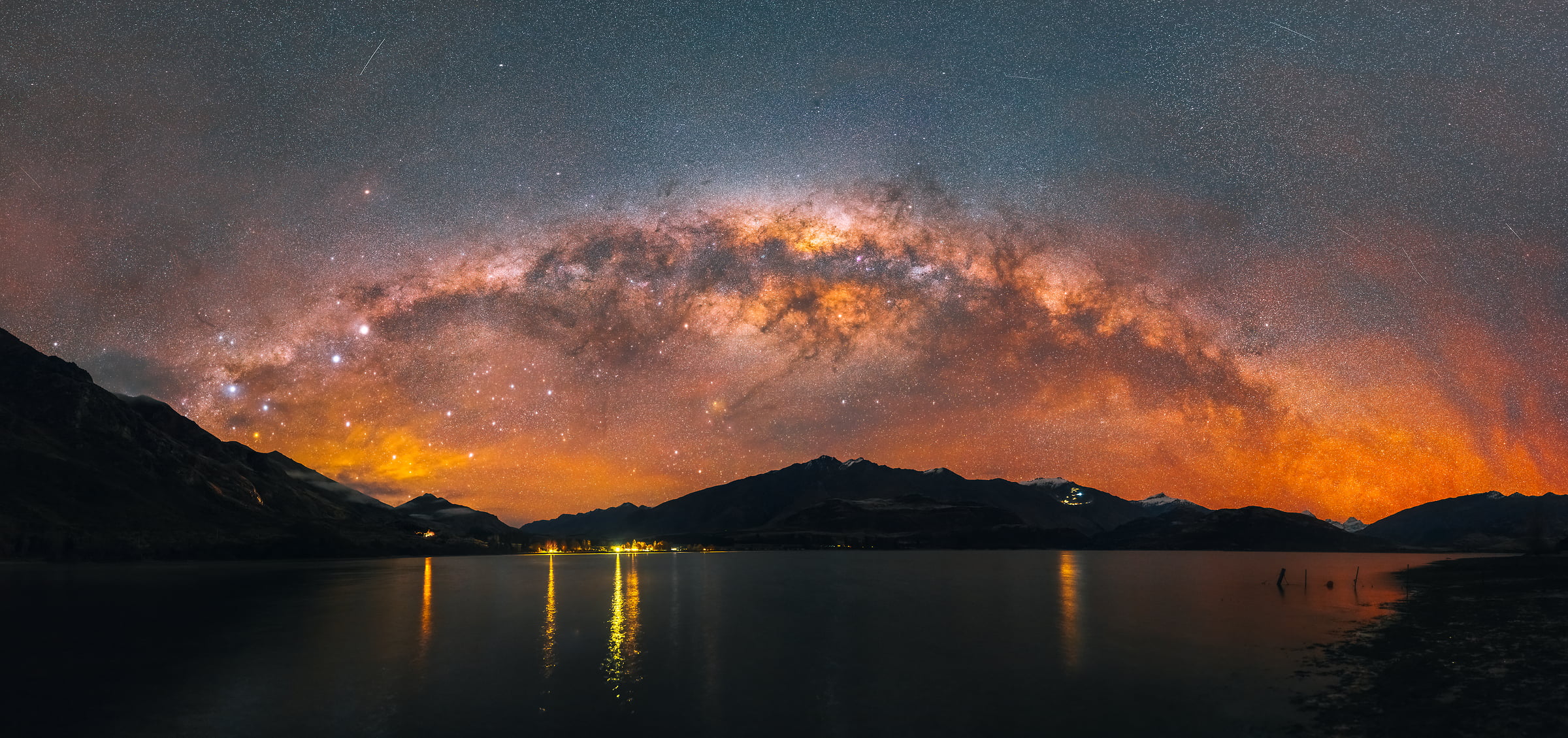 297 megapixels! A very high resolution, large-format VAST photo print of the night sky, milky way, and stars over mountains and a lake; fine art astrophotography landscape photo created by Paul Wilson in Lake Wanaka, New Zealand.