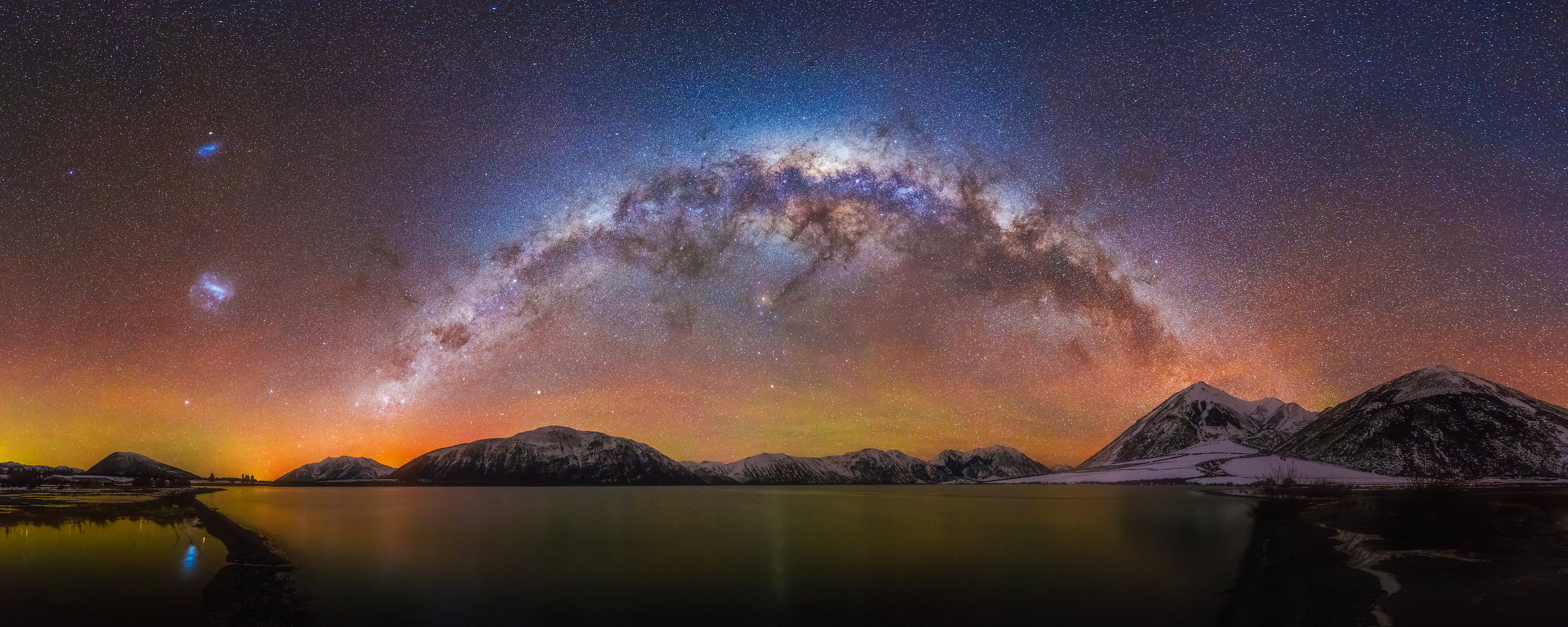 161 megapixels! A very high resolution, large-format VAST photo print of the night sky, milky way, and stars over mountains and a lake; fine art astrophotography landscape photo created by Paul Wilson in Lake Coleridge, New Zealand.