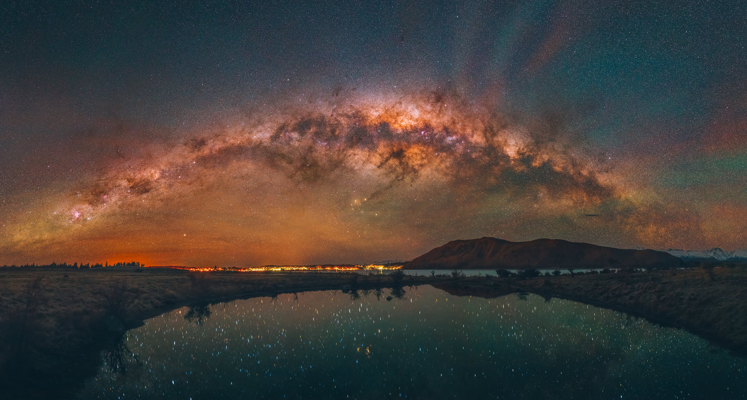 348 megapixels! A very high resolution, large-format VAST photo print of the night sky, milky way, and stars over mountains and a lake; fine art astrophotography landscape photo created by Paul Wilson in Lake Tekapo, New Zealand.
