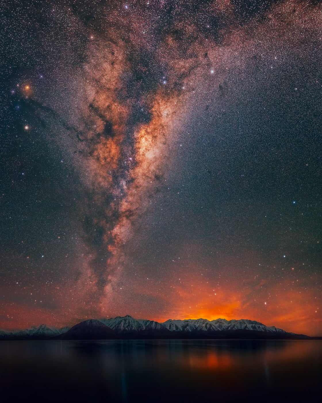 477 megapixels! A very high resolution, large-format VAST photo print of the night sky, milky way, and stars over mountains and a lake; fine art astrophotography landscape photo created by Paul Wilson in Lake Heron, New Zealand.