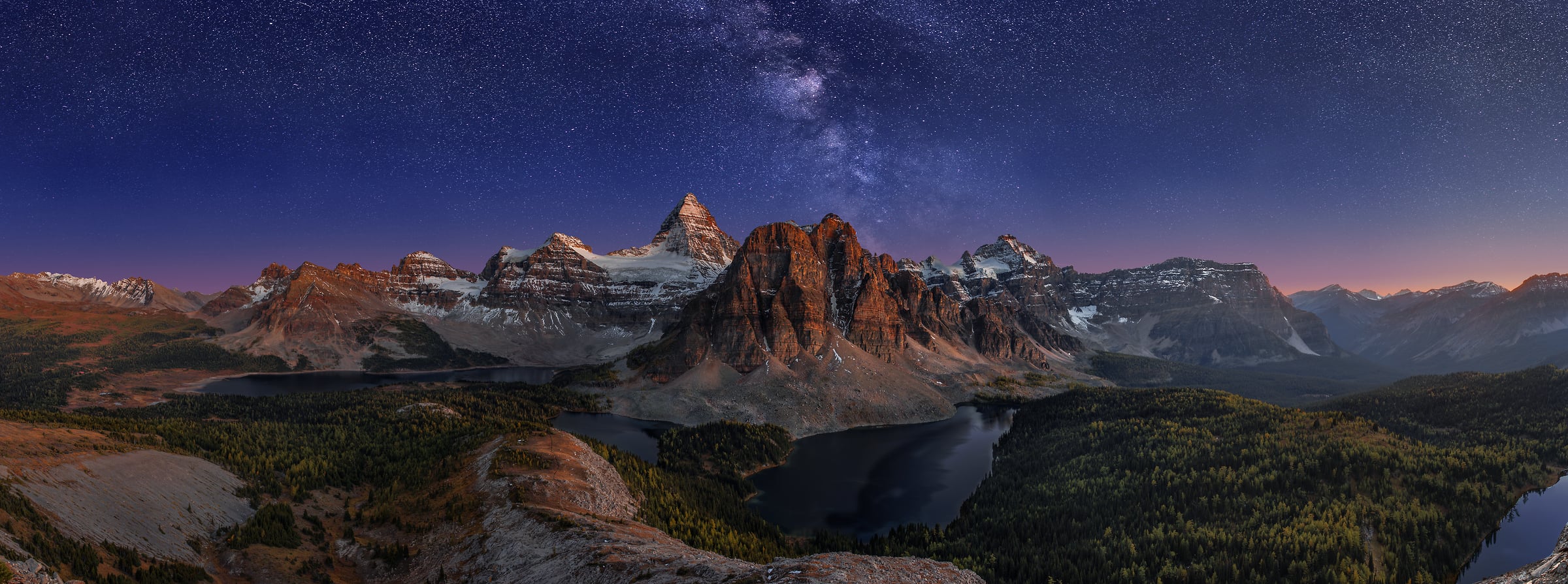 231 megapixels! A very high resolution, large-format VAST photo print of mountains, lakes, the milky way, stars, and Mount Assiniboine; fine art landscape photo created by Chris Collacott in Assiniboine Provinical Park, British Columbia, Canada.