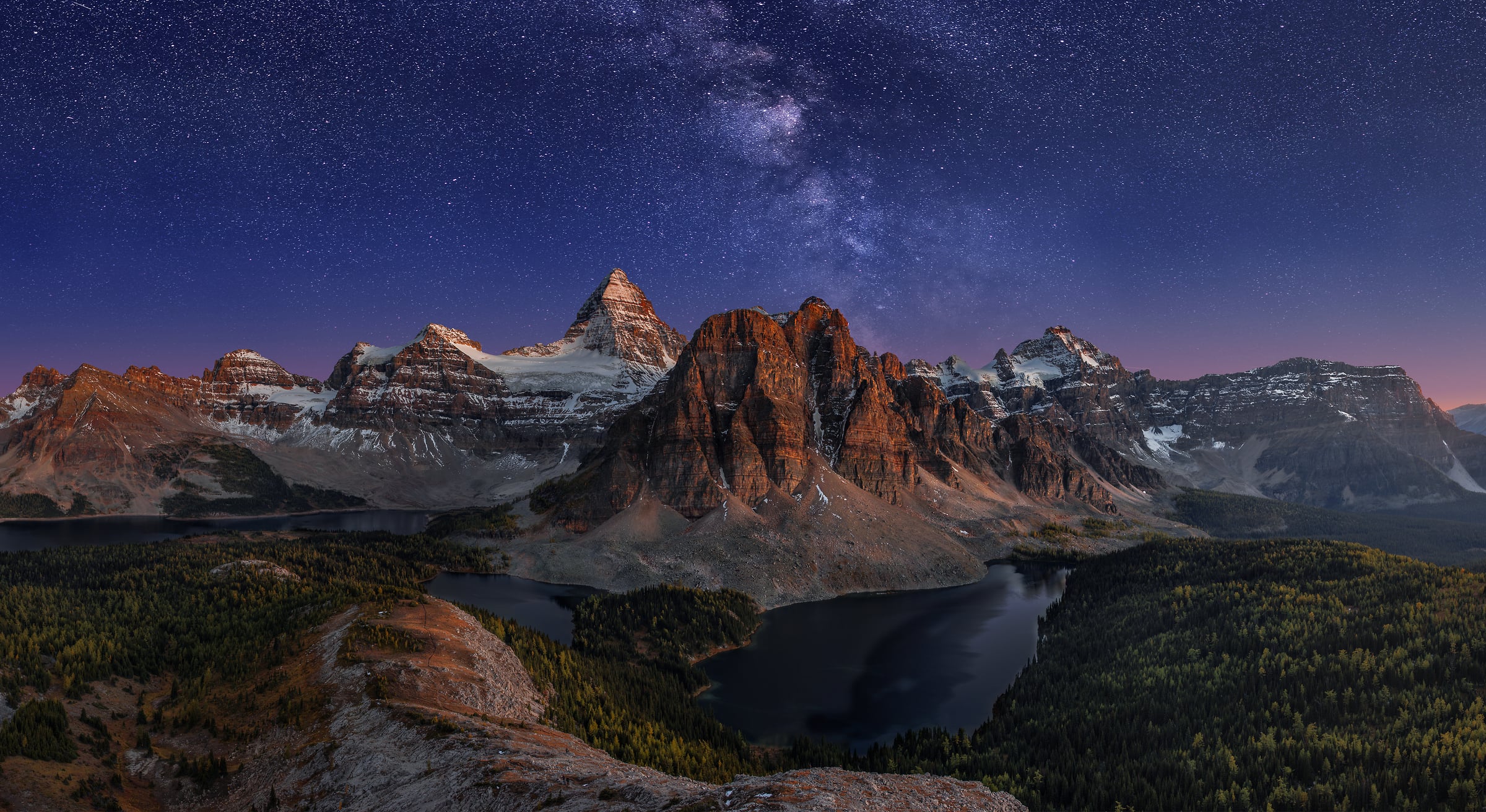 157 megapixels! A very high resolution, large-format VAST photo print of mountains, lakes, the milky way, stars, and Mount Assiniboine; fine art landscape photo created by Chris Collacott in Assiniboine Provinical Park, British Columbia, Canada.