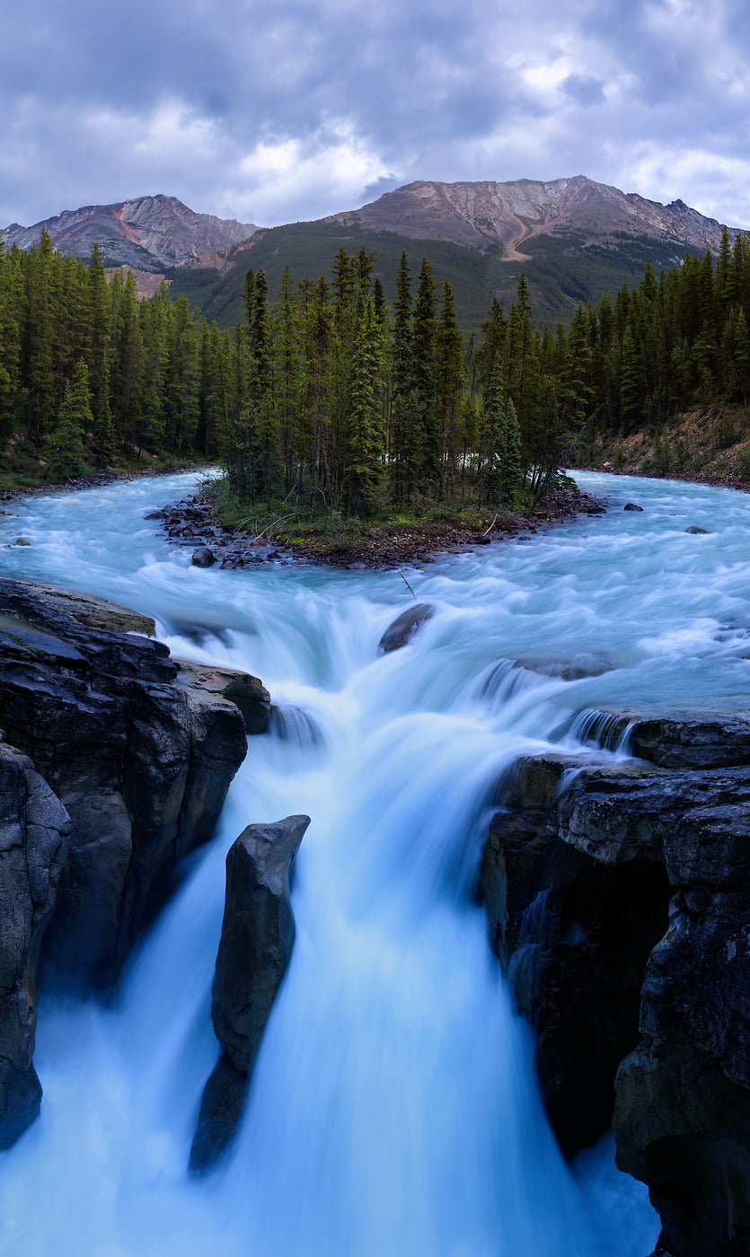 653 megapixels! A very high resolution, large-format VAST photo print of Sunwapta Falls waterfall in Banff National Park; vertical fine art nature photograph created by Scott Dimond in Alberta, Canada.