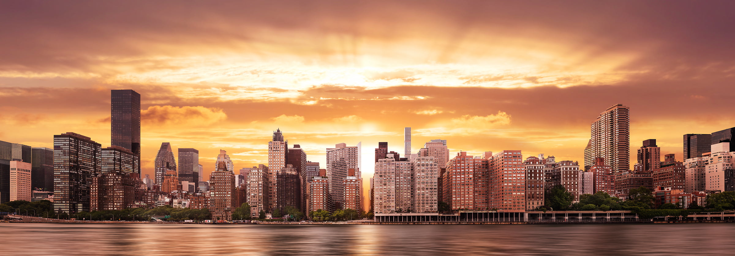 2,369 megapixels! A very high definition cityscape VAST photo of the midtown Manhattan city skyline and East River during a beautiful sunset in New York City; created by Dan Piech.