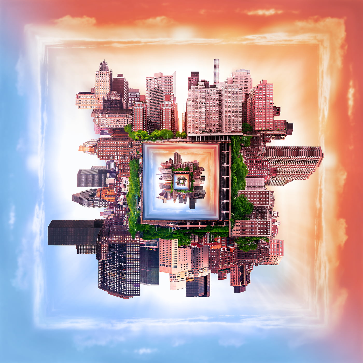2,204 megapixels! A very high resolution, large-format VAST photo print of a surreal city in a square shape; artistic fine art skyline photo created by Dan Piech in Midtown East, Manhattan, New York City.