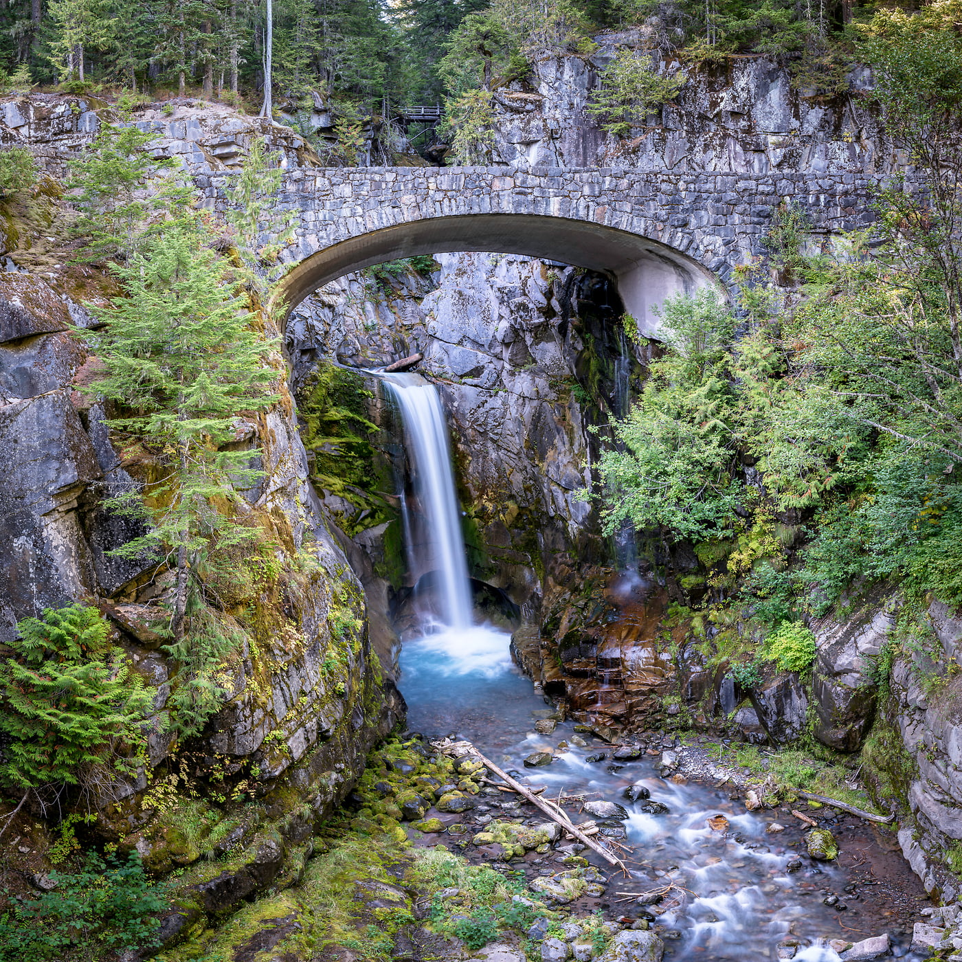 355 megapixels! A very high resolution, large-format VAST photo print of a nature scene with a bridge and waterfall in the Pacific Northwest; fine art photo created by Justin Katz at Christine Falls on Mount Rainier in Washington.