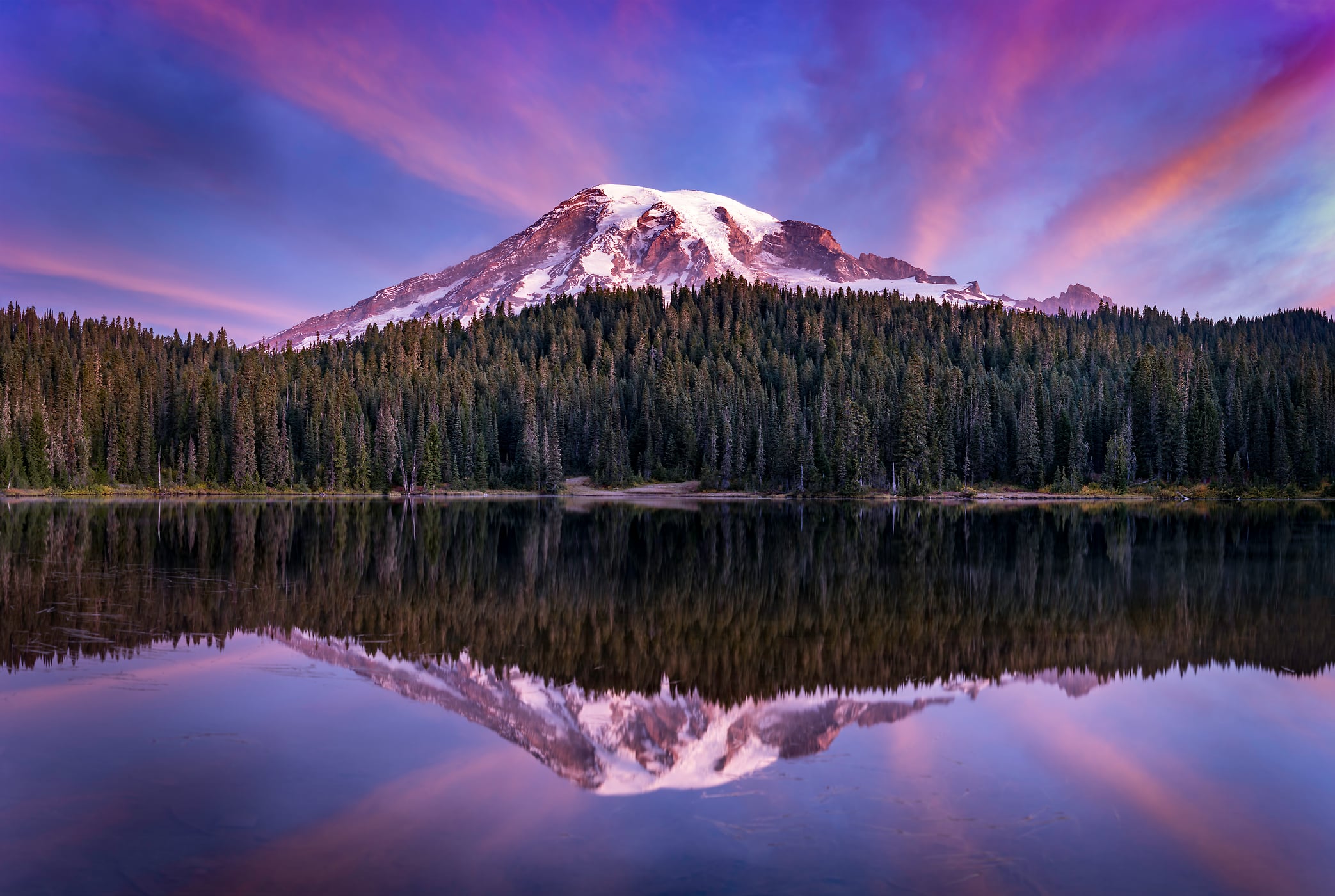 333 megapixels! A very high resolution, large-format VAST photo print of Mount Rainier at sunrise with a forest and lake reflecting the mountain; landscape photo created by Justin Katz at Reflection Lake in Mount Rainier National Park, Washington.