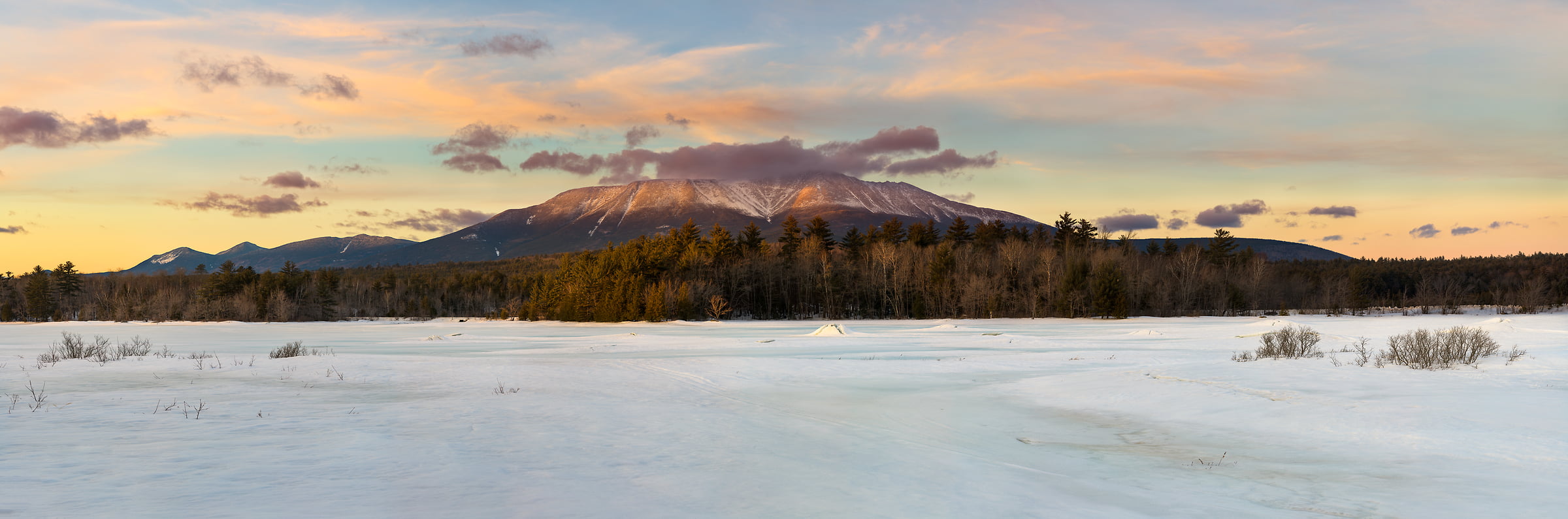 1,310 megapixels! A very high resolution, large-format panorama photo of Mt. Katahdin at sunset during winter; fine art landscape photograph created by Aaron Priest at River Pond, Millinocket, Maine.