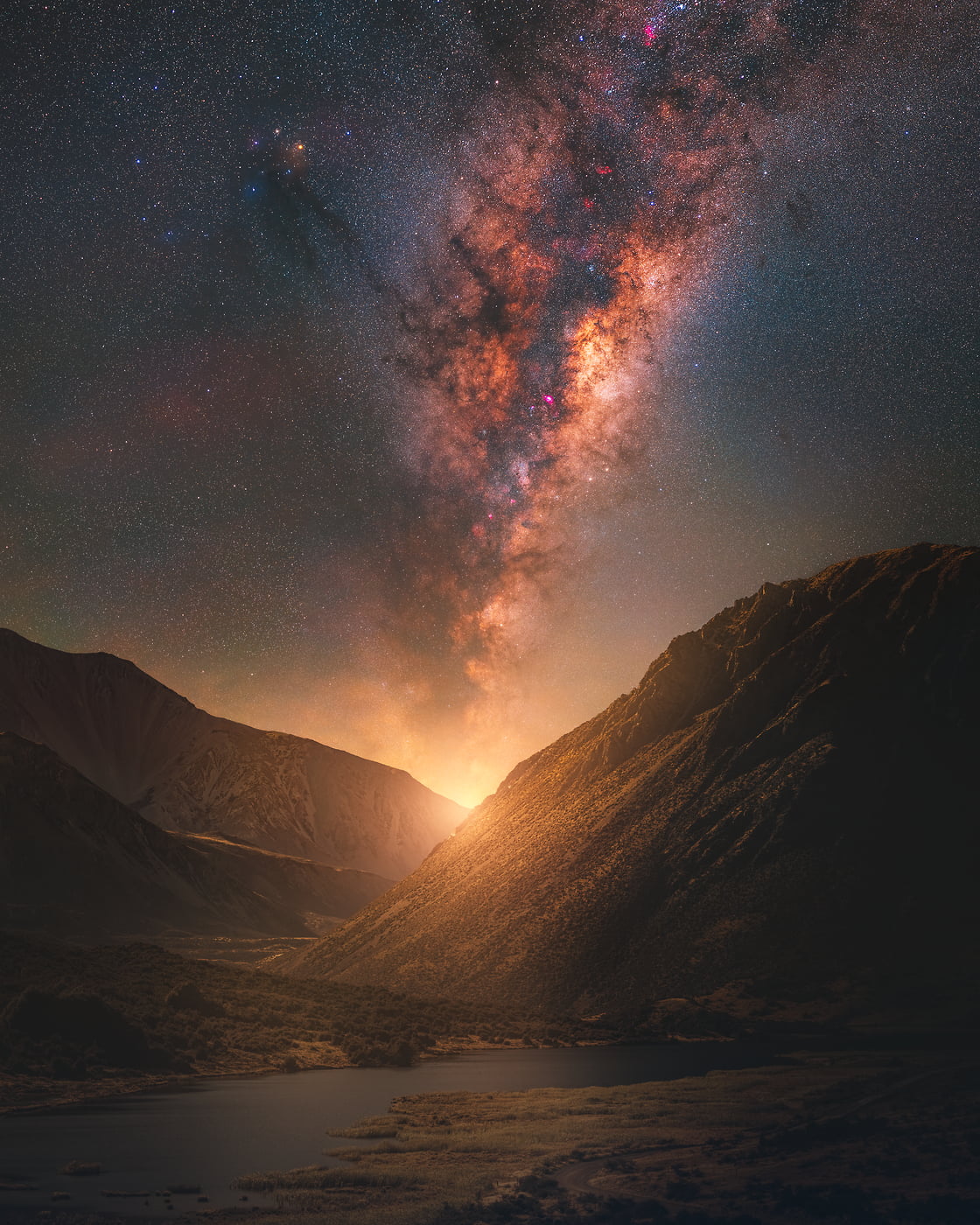 332 megapixels! A very high resolution, large-format VAST photo print of a New Zealand landscape at nighttime with the Milky Way and stars in the night sky; fine art astrophotography photo created by Paul Wilson.