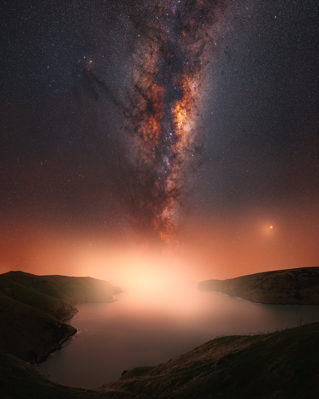 324 megapixels! A very high resolution, large-format surreal photo artwork of the Milky Way above a bay of water and the ocean; VAST print created by Paul Wilson in Le Bons Bay, New Zealand.
