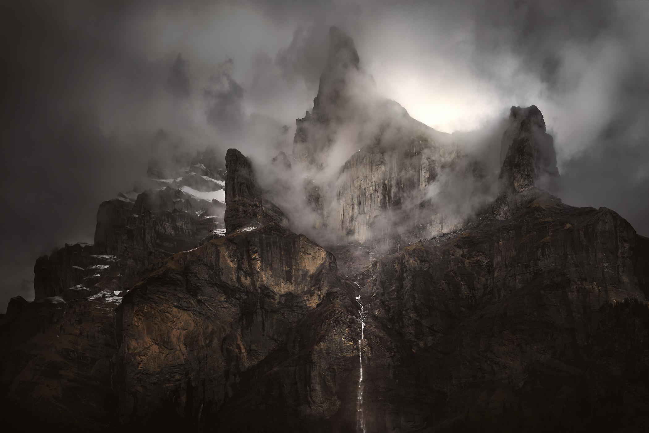 219 megapixels! A very high resolution, large-format VAST photo of dark mountains and clouds; fine art mountain photographic print created by Alexandre Deschaumes in Giffrenant, Sixt fer à cheval, France.