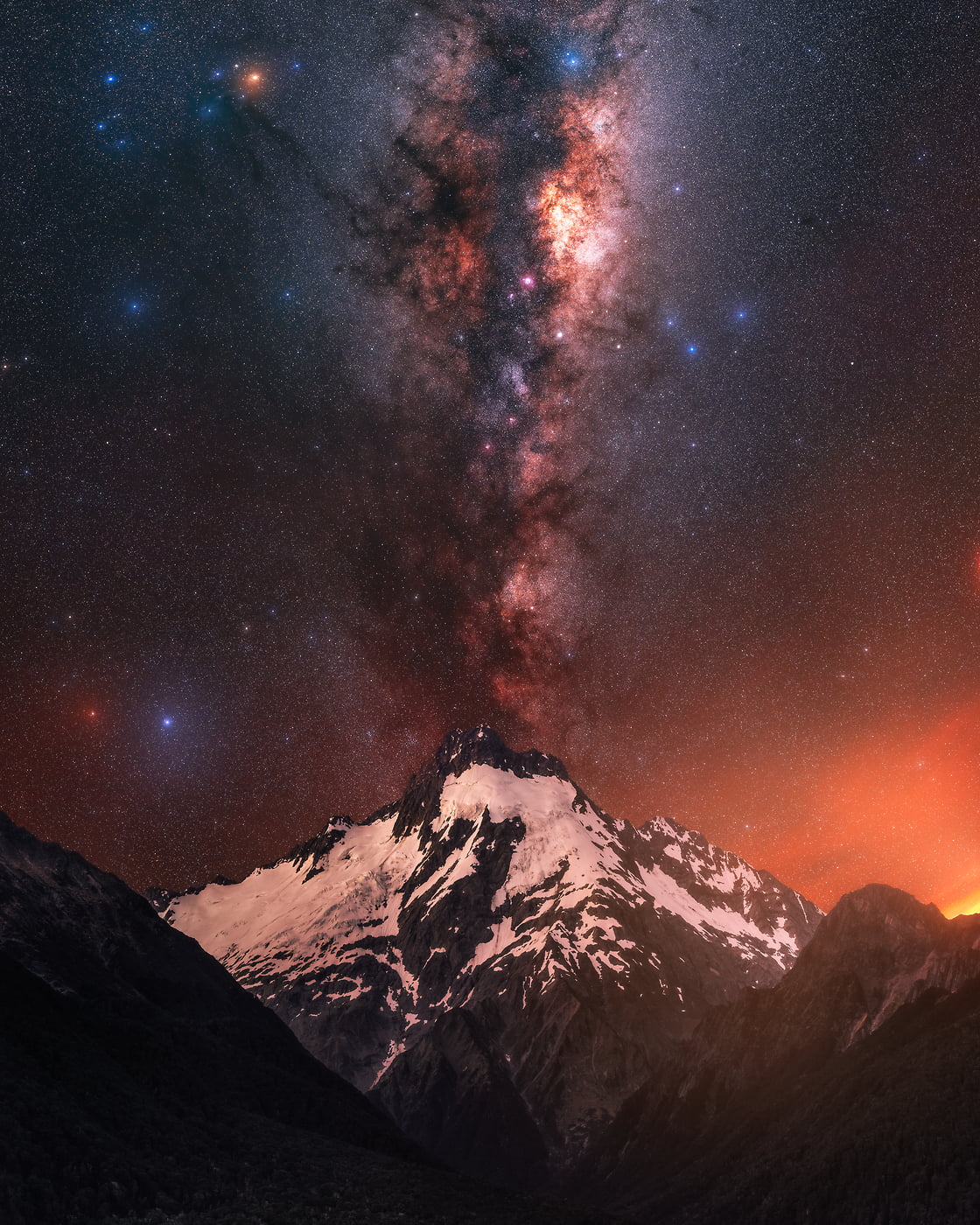 229 megapixels! A very high resolution, large-format VAST photo print of a mountain landscape at night with the Milky Way and stars in the sky and snow covered mountains in the foreground; fine art astrophotography photo created by Paul Wilson at Mt. Jackson in New Zealand.