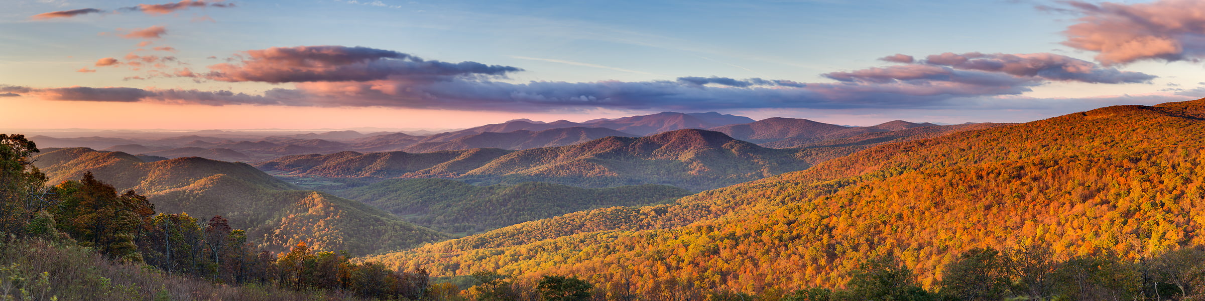 128 megapixels! A very high resolution, large-format VAST photo of fall foliage in the Appalachian mountains at sunrise on Skyline Drive in Shenandoah National Park; landscape panorama photograph created by Tim Lo Monaco in Rappahannock County, Virginia.