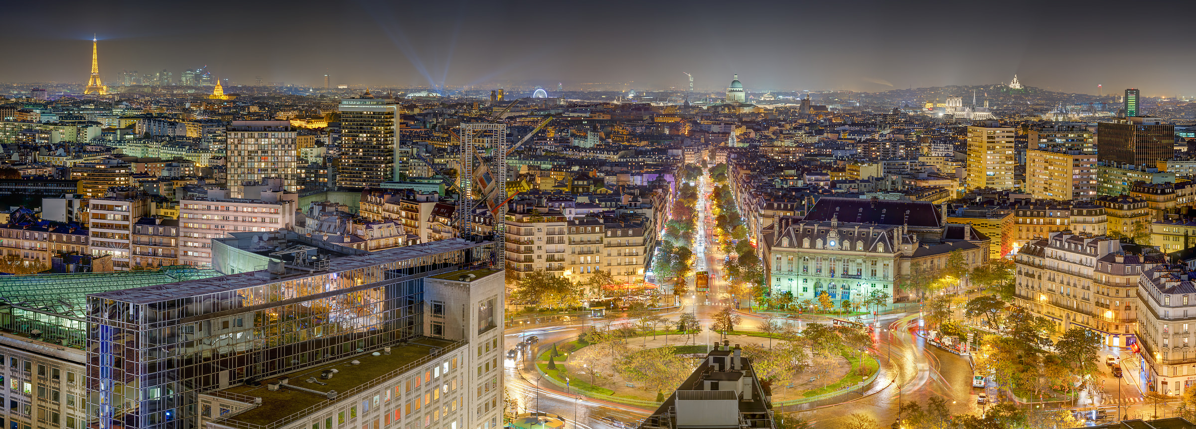 440 megapixels! A very high resolution, large-format VAST photo print of the Paris skyline at night with many famous French landmarks including the Eiffel Tower, Notre Dame, Sacré-Cœur; cityscape photograph created by Tim Lo Monaco in Place D'Italie, Paris, France.