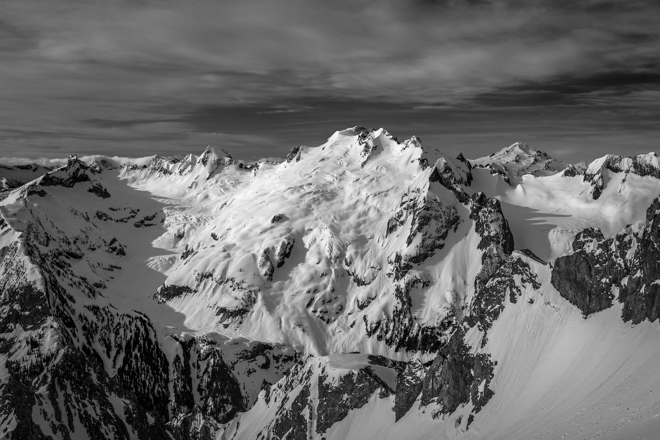216 megapixels! A very high resolution, large-format VAST photo print of ski tracks down a large mountain; artistic black and white photograph created by Scott Rinckenberger in Dome Peak, Glacier Peak Wilderness, Washington.