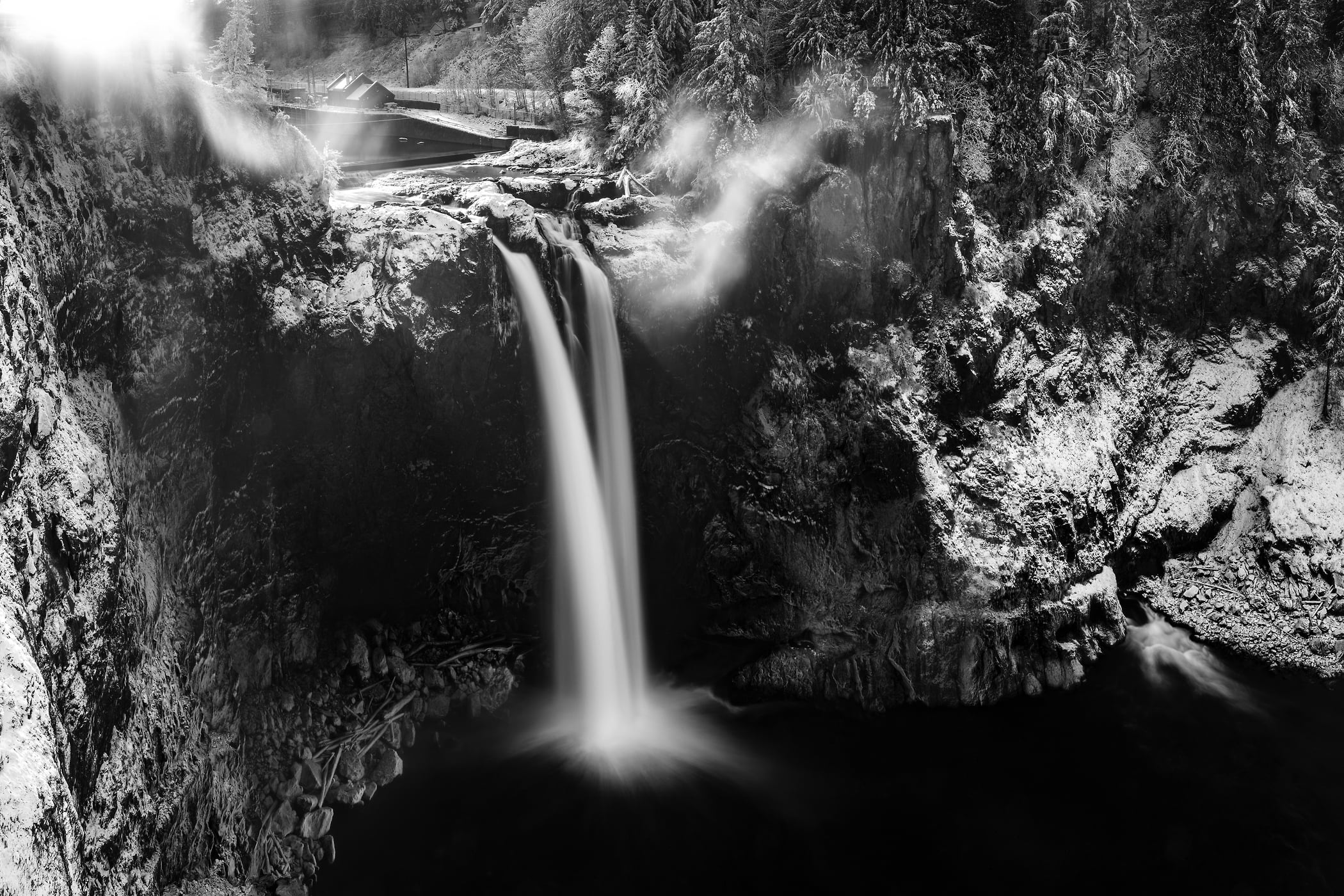 315 megapixels! A very high resolution, large-format VAST photo print of a waterfall in the winter with snow and ice; black and white nature photograph created by Scott Rinckenberger in Snoqualmie Falls, Snoqualmie, Washington.