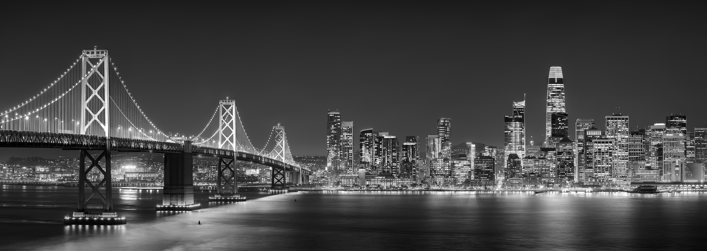 480 megapixels! A very high resolution, large-format VAST photo print of the San Francisco skyline and Bay Bridge at night; black & white cityscape skyline photograph created by Jim Tarpo in Yerba Buena Island and Treasure Island, San Francisco, California.