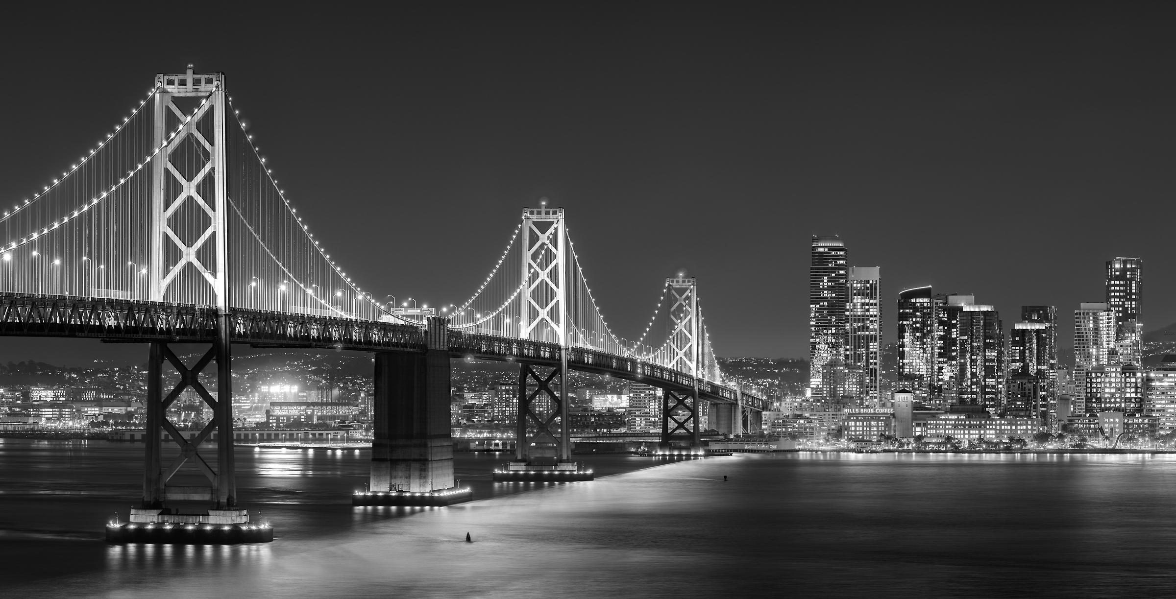 266 megapixels! A very high resolution, large-format VAST photo print of the San Francisco Bay Bridge; black & white photograph created by Jim Tarpo in Yerba Buena Island and Treasure Island, San Francisco, California.