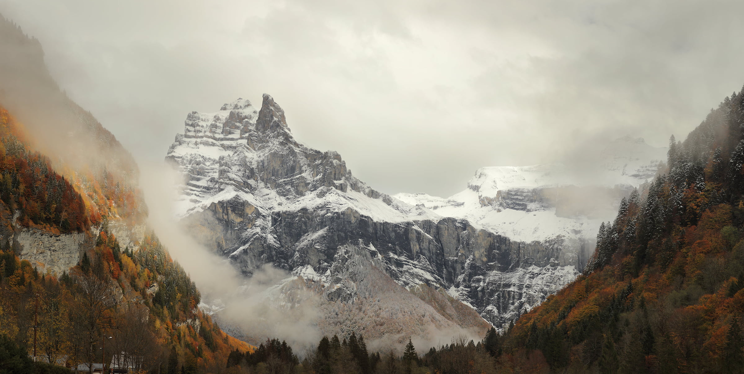298 megapixels! A very high resolution, large-format VAST photo print of a mountain peak in autumn with fall foliage and a valley; landscape photograph created by Alexandre Deschaumes.