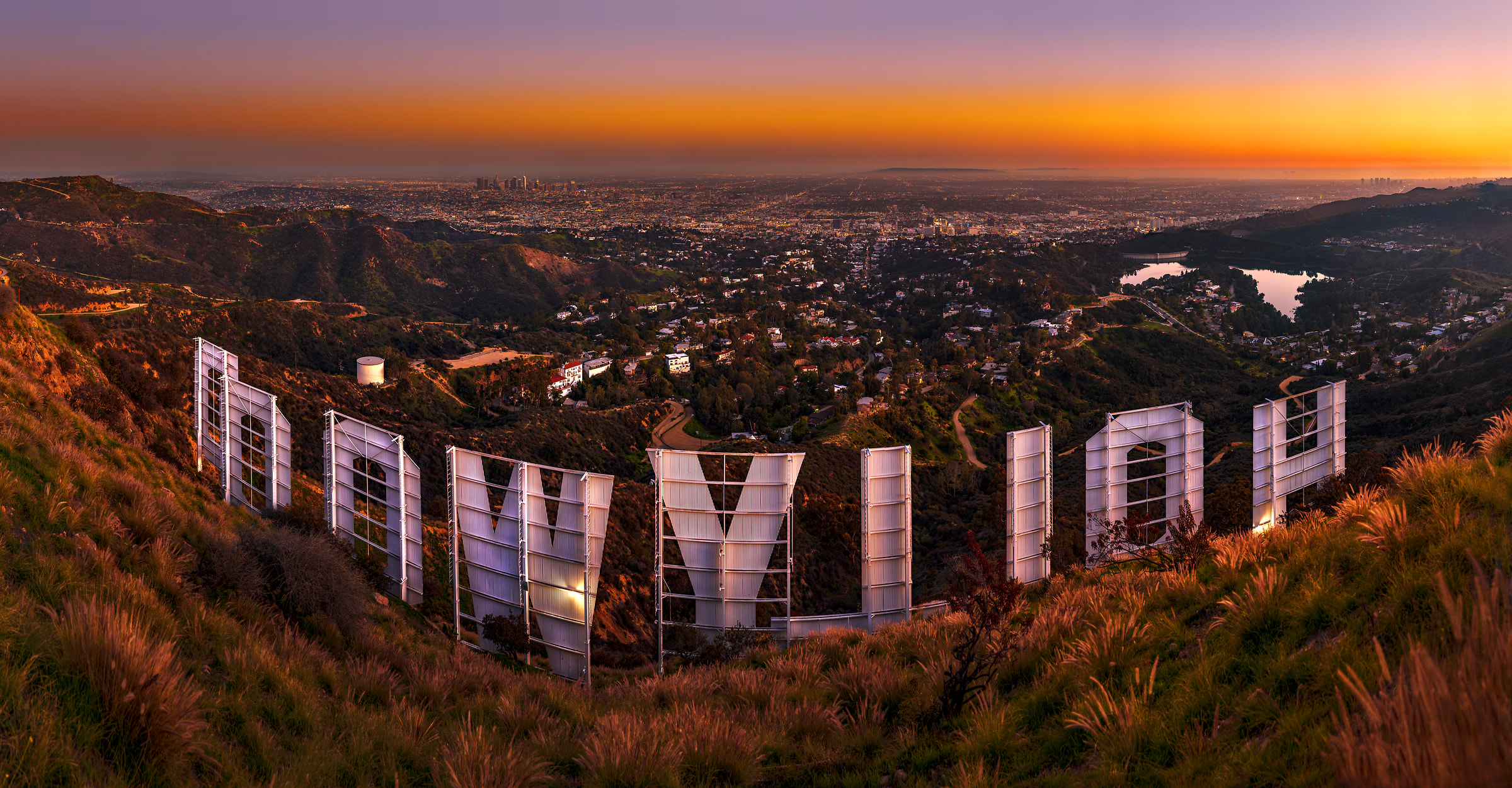 737 megapixels! A very high resolution, large-format VAST photo print of the Hollywood Sign from behind at sunset with the city in the background; cityscape fine art photograph created by Tim Shields in Hollywood, California, USA.