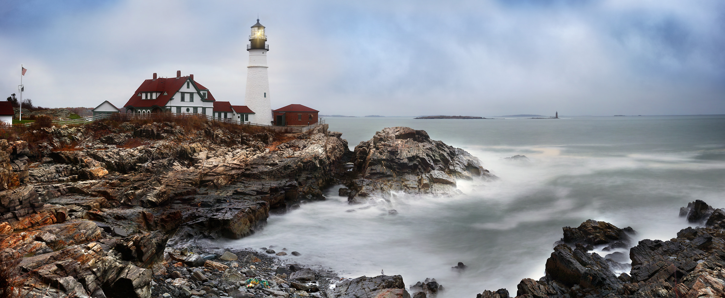 521 megapixels! A very high resolution, large-format VAST photo print of a lighthouse with the ocean and rocks; photograph created by Phil Crawshay in Portland Head Lighthouse, Portland, Maine.
