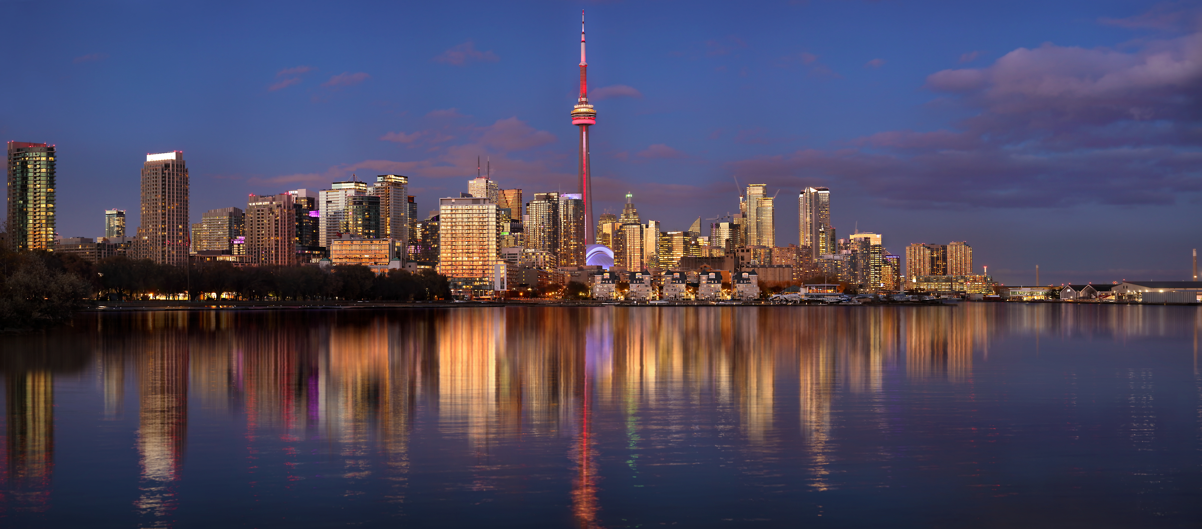 533 megapixels! A very high resolution, large-format VAST photo print of the Toronto skyline at dusk with Lake Ontario in the foreground; cityscape photograph created by Phil Crawshay in Downtown Toronto, Ontario, Canada.