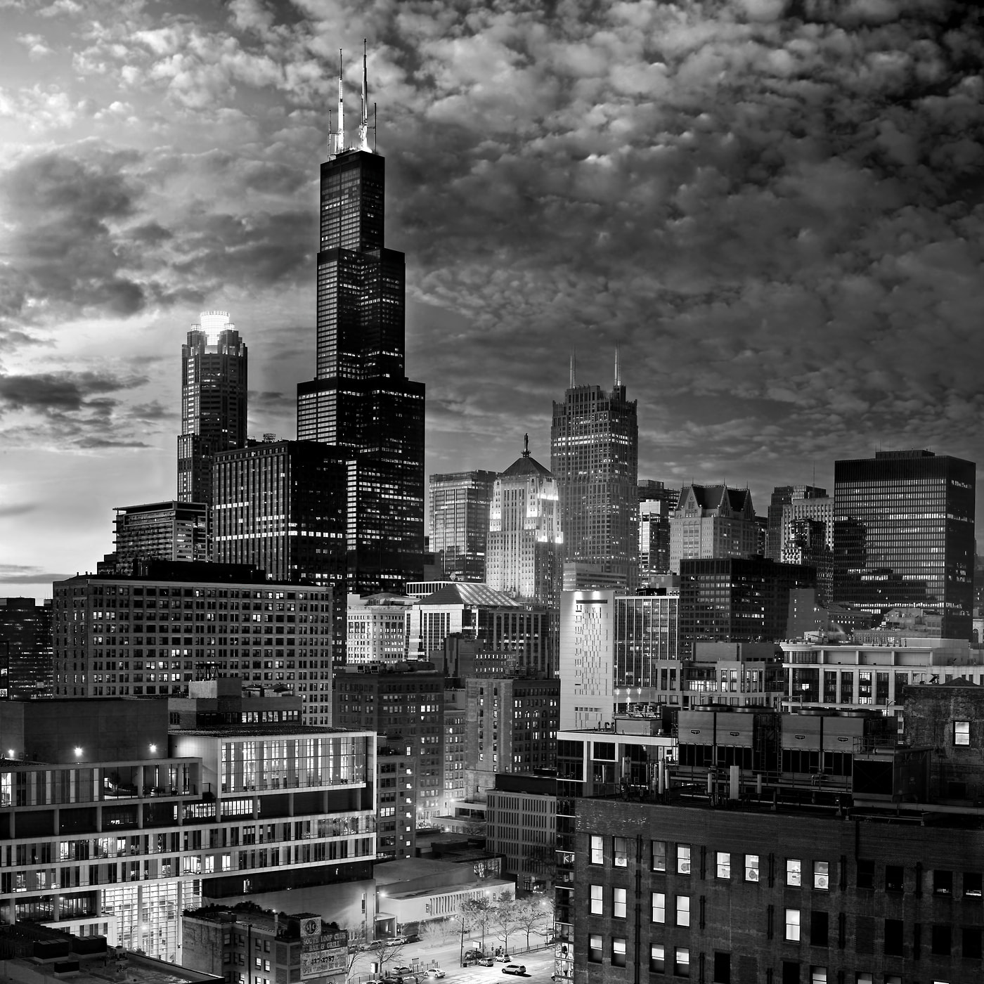 875 megapixels! A very high resolution, black & white VAST photo print of the Chicago skyline with the Willis Tower; cityscape photograph created by Phil Crawshay in Chicago, Illinois.